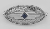 Antique Style Filigree Blue Sapphire Pin / Brooch - Sterling Silver