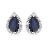 Pear Blue Sapphire and Diamond Stud Earrings 14k White Gold (1.70ct)