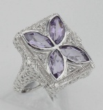 Art Deco Style Filigree Ring w/ amethyst & diamond - Sterling Silver