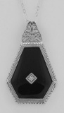 Art Deco Style Black Spinel Filigree Pendant Diamond & Chain - Sterling Silver