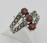 Antique Style Garnet Marcasite Ring - Sterling Silver