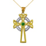 10K Two-Tone Gold Celtic Cross Trinity Knot Diamond Pendant with Emerald APPROX .25 CTW