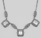 Art Deco Style 3 Gemstone White Topaz Filigree 17.5 In Necklace Sterling Silver