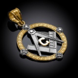 10K Two-Tone Gold Round Freemason Diamond Masonic Pendant