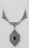 Classic Victorian Style Garnet Filigree Necklace w/ 19 in. Chain Sterling Silver