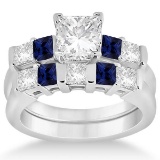 5 Stone Diamond and Blue Sapphire Bridal Set 14K White Gold 1.02ct