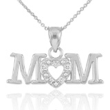 14K White Gold MOM Diamond Studded Heart Pendant APPROX .05 CTW (SI1-2, G-H)