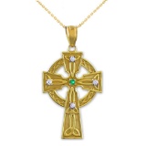 10K Gold Celtic Trinity Diamond Cross Pendant with Emerald APPROX .3 CTW