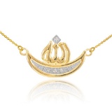 14k Gold Diamond Crescent Moon Allah Necklace APPROX .04 CTW