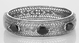 Art Deco Style Filigree Bangle Bracelet Black Oynx Sterling Silver