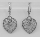 Antique Style Heart Shaped Filigree Earrings w/ Diamond - Sterling Silver