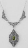 Beautiful Victorian Style Peridot Filigree Necklace 19 in. Chain - Sterling Silver