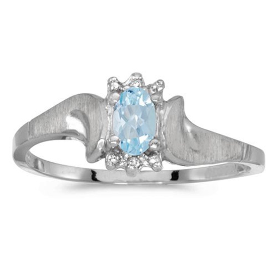 Certified 14k White Gold Oval Aquamarine And Diamond Satin Finish Ring 0.15 CTW