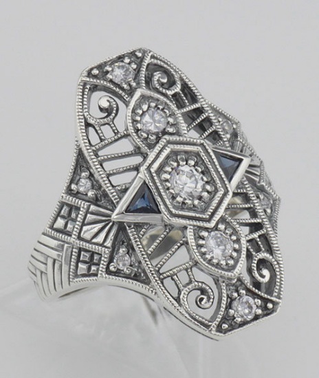 Art Deco Style CZ / Genuine Sapphire Filigree Ring - Sterling Silver