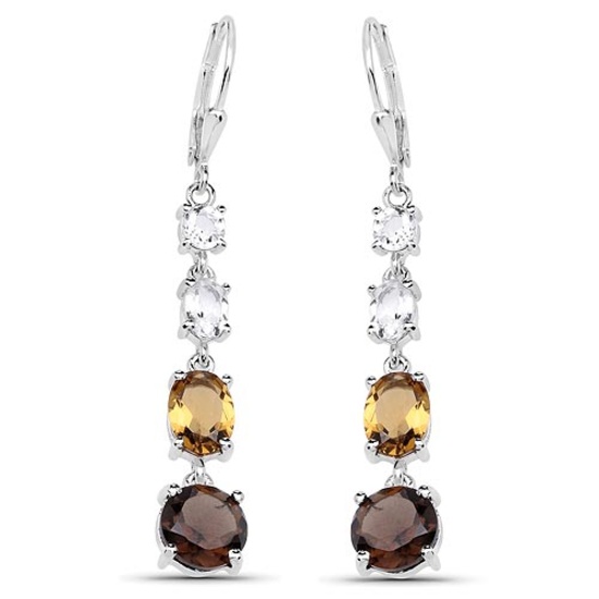 6.28 Carat Genuine Crystal Quartz Champagne Quartz and Smoky Quartz .925 Sterling Silver Earrings