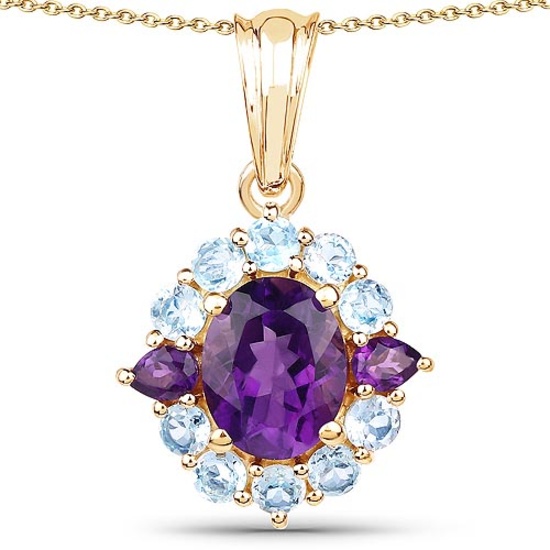 14K Yellow Gold Plated 3.70 Carat Genuine Amethyst and Blue Topaz .925 Sterling Silver Pendant