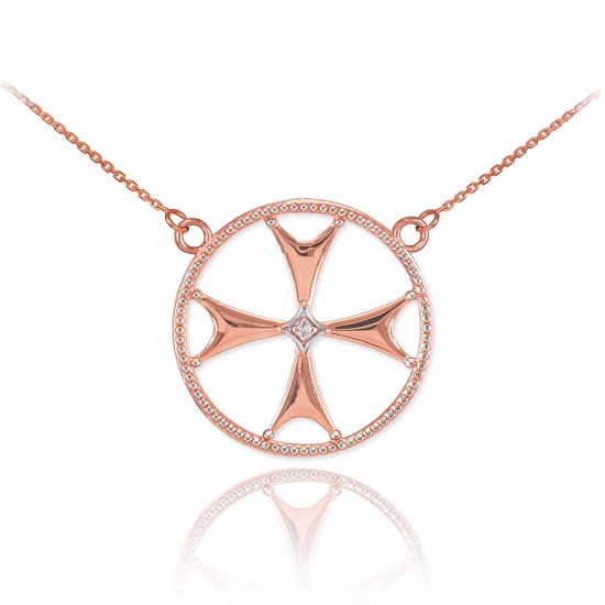 14k Rose Gold Diamond Maltese Cross Necklace APPROX .01 CTW
