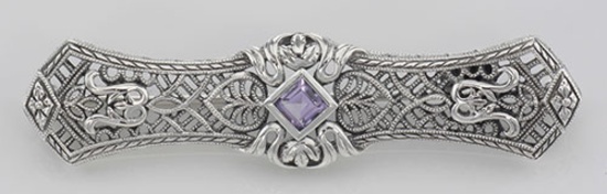 Art Deco Style Amethyst Filigree Bar Pin / Brooch - Sterling Silver