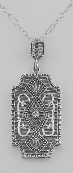 Art Deco Style Filigree Pendant with Diamond - Sterling Silver