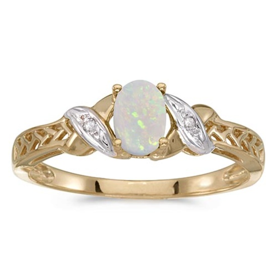 Certified 14k Yellow Gold Oval Opal And Diamond Ring 0.2 CTW