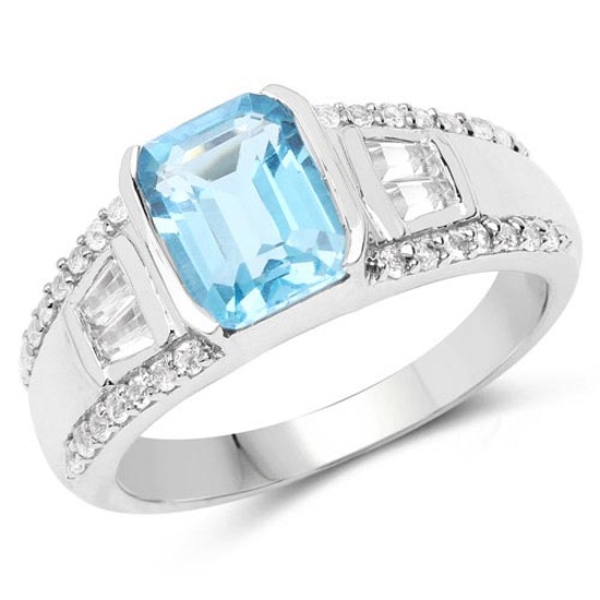 2.44 Carat Genuine Swiss Blue Topaz and White Topaz .925 Sterling Silver Ring