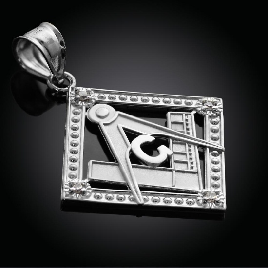 10K White Gold Square Freemason Diamond Masonic Pendant