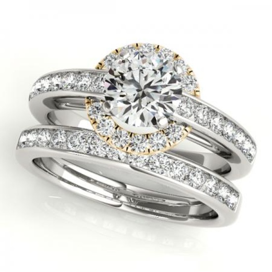 CERTIFIED 14KT TWO TONE GOLD 1.05 CTW G-H/VS-SI1 DIAMOND HALO BRIDAL SET