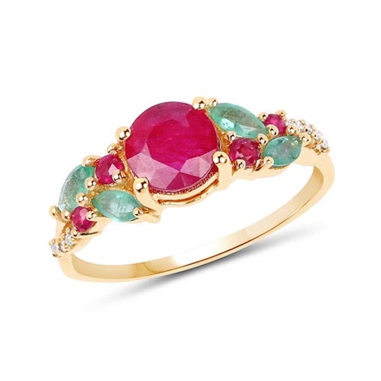 1.39 Carat Genuine Ruby Zambian Emerald and White Diamond 14K Yellow Gold Ring