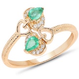 0.33 Carat Genuine Zambian Emerald and White Diamond 14K Yellow Gold Ring