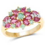 14K Yellow Gold Plated 1.86 Carat Glass Filled Ruby Emerald and White Topaz .925 Sterling Silver Rin