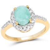 14K Yellow Gold Plated 1.44 Carat Genuine Emerald and White Topaz .925 Sterling Silver Ring
