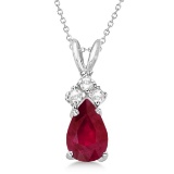 Pear Ruby and Diamond Solitaire Pendant Necklace 14k White Gold (0.75ct)