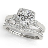 Diamond Accented Square Halo Ring and Band Bridal Set 14k W. Gold 1.25ct