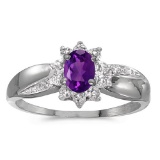 Certified 14k White Gold Oval Amethyst And Diamond Ring 0.35 CTW
