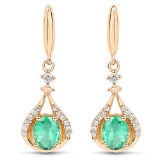 0.70 Carat Genuine Zambian Emerald and White Diamond 14K Yellow Gold Earrings