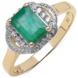 1.10 Carat Genuine Emerald & White Cubic Zircon 14K Yellow Gold Ring