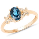 0.94 Carat Genuine London Blue Topaz and White Diamond 14K Yellow Gold Ring