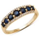 0.71 Carat Genuine Blue Sapphire and White Diamond 14K Yellow Gold Ring