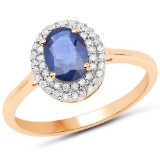 1.18 Carat Genuine Blue Sapphire and White Diamond 14K Yellow Gold Ring