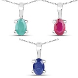 1.48 Carat Emerald Glass Filled Ruby and Glass Filled Sapphire .925 Sterling Silver Pendant