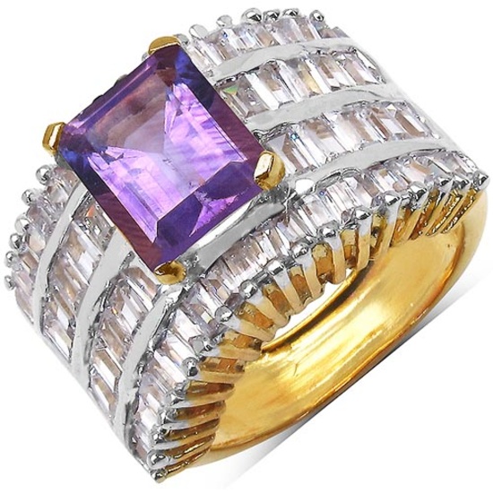 14K Yellow Gold Plated 5.15 Carat Amethyst and White Cubic Zircon Brass Ring