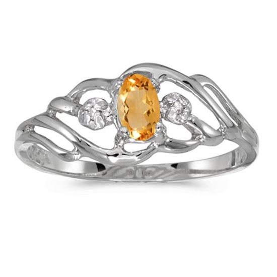 Certified 14k White Gold Oval Citrine And Diamond Ring 0.16 CTW