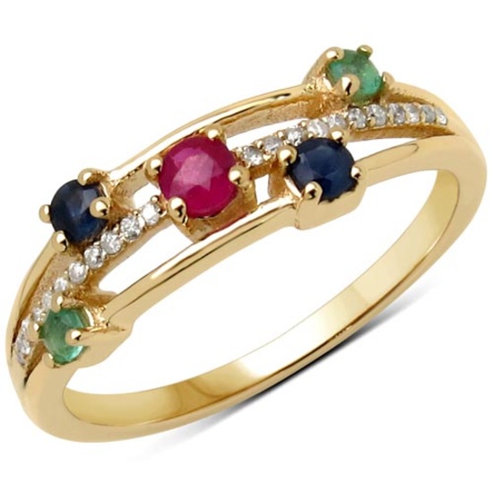 0.37 Carat Genuine Ruby Blue Sapphire Zambian Emerald and White Diamond 14K Yellow Gold Ring