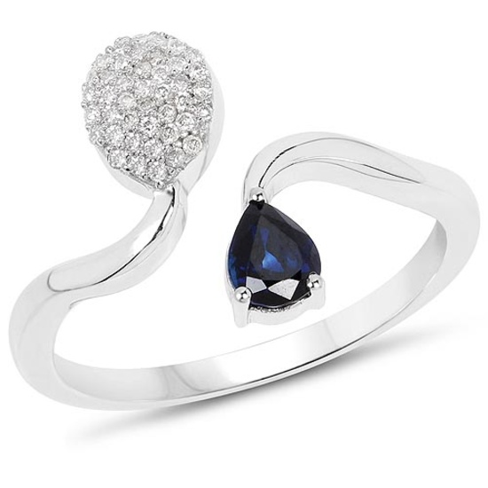 0.45 Carat Genuine Blue Sapphire and White Diamond 14K White Gold Ring