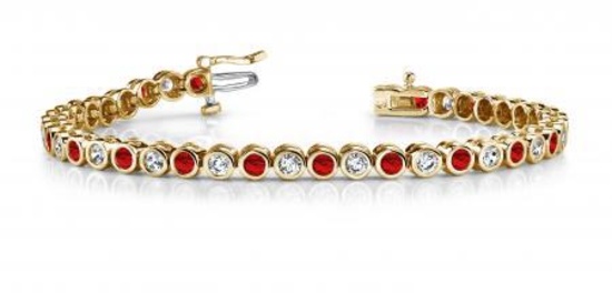 14KT YELLOW GOLD 2 CTW G-H VS2/SI1 CLASSIC ROUND BEZEL SET DIAMOND & GARNET TENNIS BRACELET