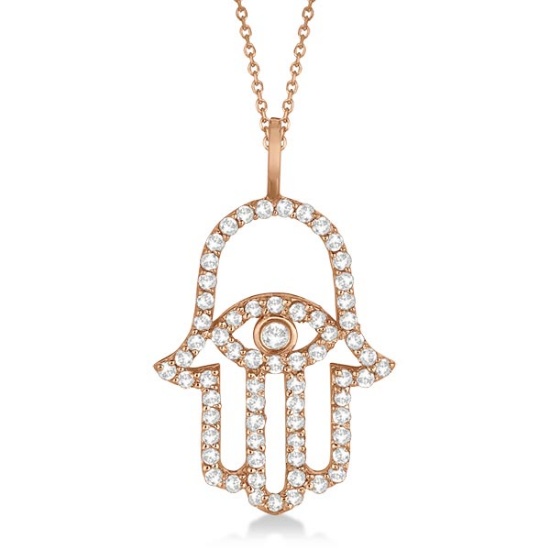 Diamond Hamsa Evil Eye Pendant Necklace 14k Rose Gold (0.51ct)