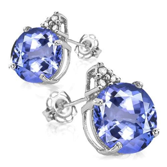 2.82 CARAT LAB TANZANITE 10K SOLID WHITE GOLD ROUND SHAPE EARRING WITH 0.03 CTW DIAMOND