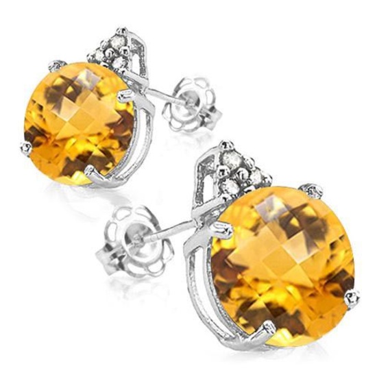 1.45 CARAT CITRINE 10K SOLID WHITE GOLD ROUND SHAPE EARRING WITH 0.03 CTW DIAMOND