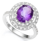 2 1/3 CT AMETHYST  1/5 CT CREATED WHITE SAPPHIRE 925 STERLING SILVER RING