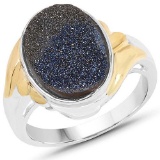 Two Tone Plated 4.15 CTW Genuine Blue Drusy .925 Sterling Silver Ring